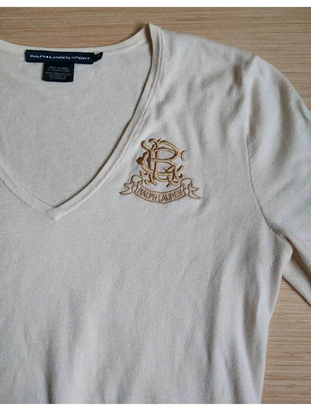 Ralph Lauren Knit Beige Cream Pullover Sweater Pima Cotton Embroidered Logo M